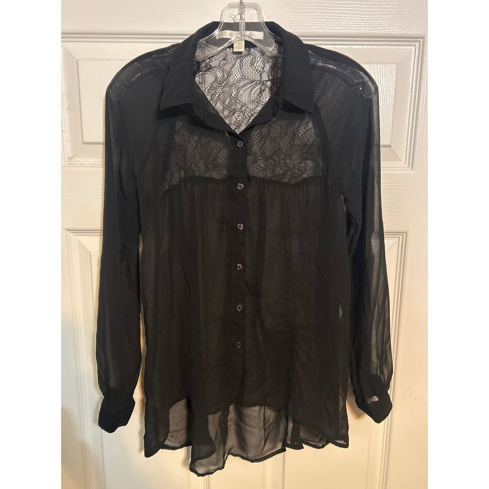 LC Lauren Conrad Black‎ Lace Trim Sheer Button Up Long Sleeve Shirt XS